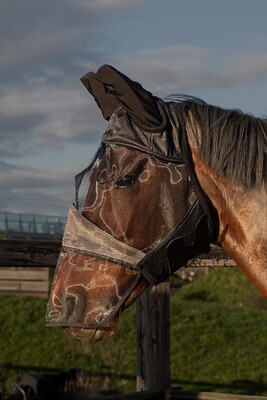 Fly mask with tailored pleats to keep the mask away from the eyes and lashes. Made of mesh with fleece trim and soft elastic ears. The mask is trimmed with elastic, making sure it fits perfectly around the horse's head and is comfortable to wear. The bamboo lining on the nose and headpiece is breathable, antibacterial and suitable for sensitive skin. This model has an extra nose piece.